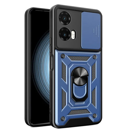For Motorola Moto G35 5G Case with Slide Camera Lid PC+TPU Kickstand Phone Cover - Blue