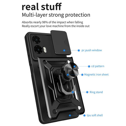 For Motorola Moto G35 5G Case with Slide Camera Lid PC+TPU Kickstand Phone Cover