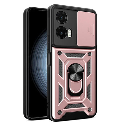 For Motorola Moto G35 5G Case with Slide Camera Lid PC+TPU Kickstand Phone Cover - Rose Gold