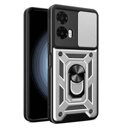 For Motorola Moto G35 5G Case with Slide Camera Lid PC+TPU Kickstand Phone Cover - Silver