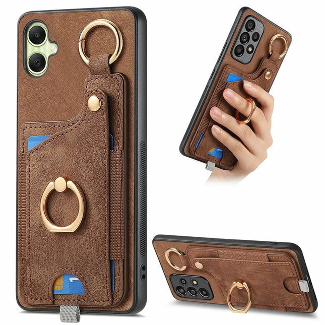 For Samsung Galaxy A06 Case Card Slots Leather+TPU Phone Cover with Ring Buckle - Brown