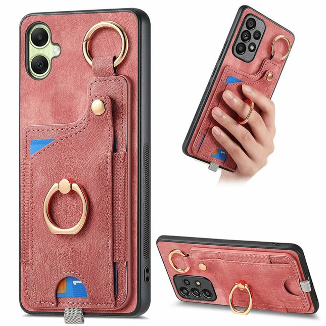 For Samsung Galaxy A06 Case Card Slots Leather+TPU Phone Cover with Ring Buckle - Pink