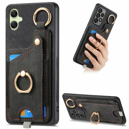 For Samsung Galaxy A06 Case Card Slots Leather+TPU Phone Cover with Ring Buckle - Black