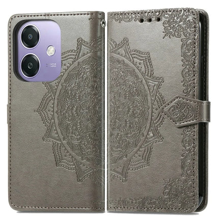 For Oppo A3x 5G Wallet Case Mandala Flower Leather Phone Cover Stand View - Grey