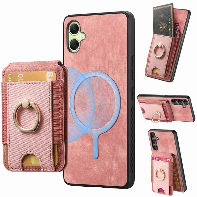 For Samsung Galaxy A06 Case with Detachable Card Holder Kickstand Leather Back Cover - Pink