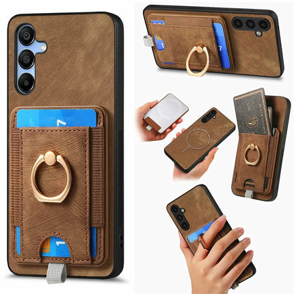 For Samsung Galaxy A16 4G / 5G Magnetic Case Card Holder Ring Kickstand PU Leather Phone Back Cover - Brown