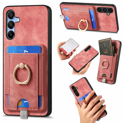 For Samsung Galaxy A16 4G / 5G Magnetic Case Card Holder Ring Kickstand PU Leather Phone Back Cover - Pink