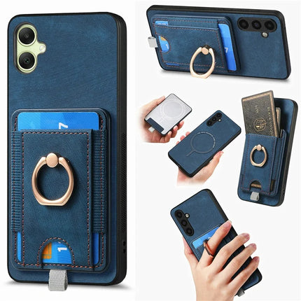 For Samsung Galaxy A06 Magnetic Case Card Holder Ring Kickstand PU Leather Phone Back Cover - Blue