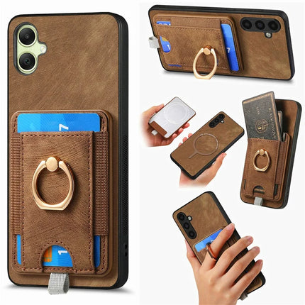 For Samsung Galaxy A06 Magnetic Case Card Holder Ring Kickstand PU Leather Phone Back Cover - Brown