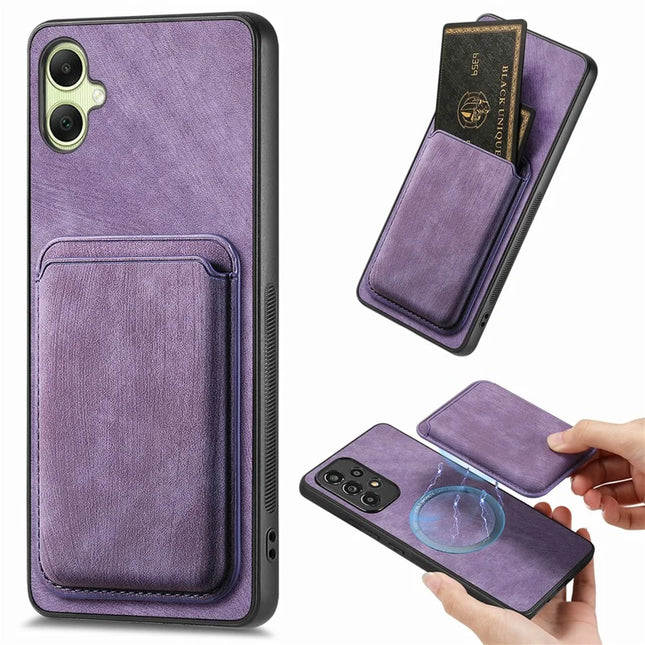 For Samsung Galaxy A06 Case Leather+TPU Retro Phone Cover with Detachable Card Slot - Purple