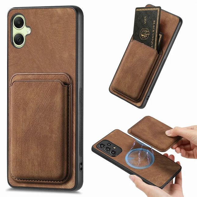 For Samsung Galaxy A06 Case Leather+TPU Retro Phone Cover with Detachable Card Slot - Brown