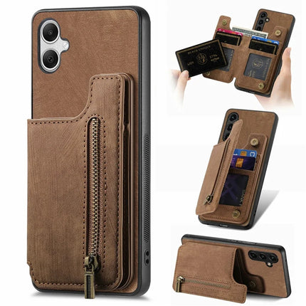 For Samsung Galaxy A06 Case with Card Holder Retro Leather+TPU Zipper Phone Cover - Brown