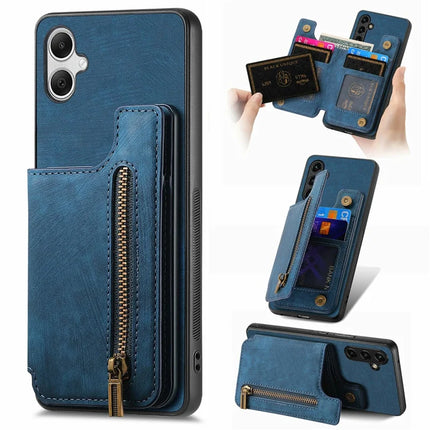 For Samsung Galaxy A06 Case with Card Holder Retro Leather+TPU Zipper Phone Cover - Blue