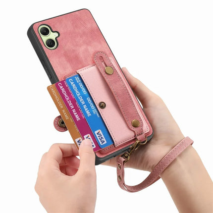 For Samsung Galaxy A06 Case Wristband Kickstand PU Leather Retro Back Cover Card Holder