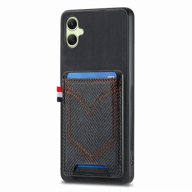 For Samsung Galaxy A06 Phone Case Retro Jean Cloth Texture Leather Back Cover Card Holder - Black