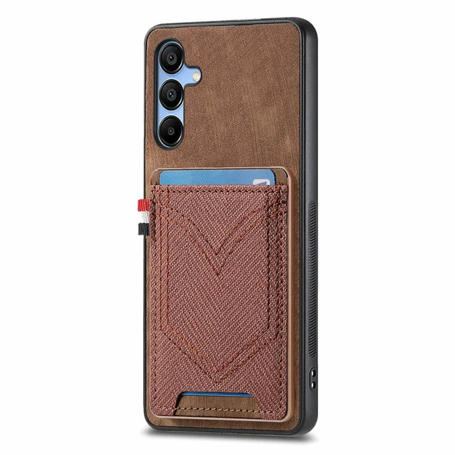 For Samsung Galaxy A16 4G / 5G Phone Case Retro Jean Cloth Texture Leather Back Cover Card Holder - Brown