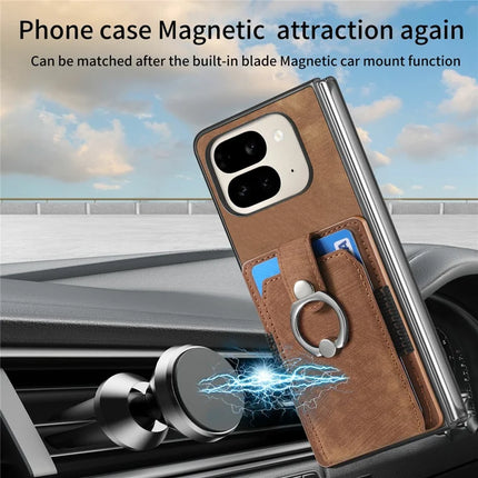 For Google Pixel 9 Pro Fold 5G Case Kickstand Leather+PC Non-Slip Protective Cover Card Slots