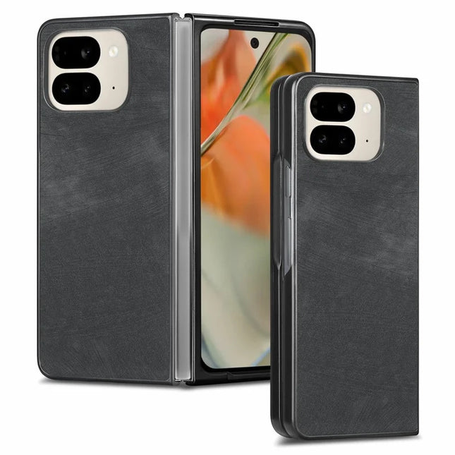 For Google Pixel 9 Pro Fold 5G Case Retro PU Leather Coated PC Folding Phone Cover - Black