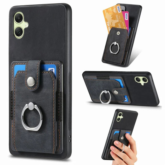 For Samsung Galaxy A06 Case Kickstand Leather+TPU Non-Slip Protective Cover Card Slots - Black