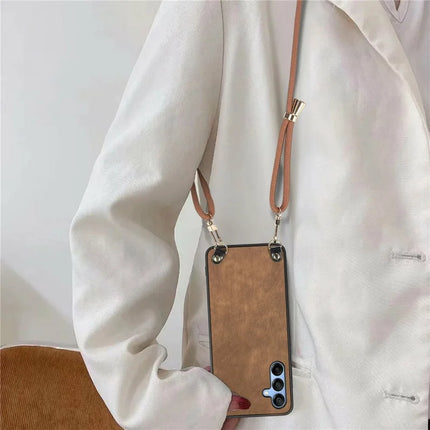 For Samsung Galaxy A16 5G  /  A16 4G Case Retro Texture Leather Coated PC+TPU Phone Cover with Hanging Rope