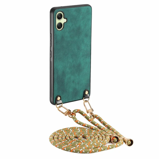 For Samsung Galaxy A06 Case Retro Texture Leather Coated PC+TPU Phone Cover with Hanging Rope - Green