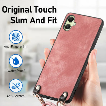 For Samsung Galaxy A06 Case Retro Texture Leather Coated PC+TPU Phone Cover with Hanging Rope