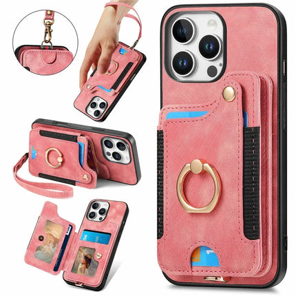 For iPhone 16 Pro Max Case RFID Blocking Handbag Leather+TPU Phone Cover Card Slots, Ring Holder - Pink