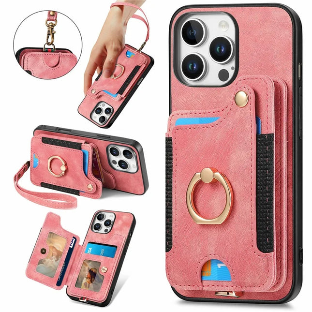 For iPhone 16 Pro Max Case RFID Blocking Handbag Leather+TPU Phone Cover Card Slots, Ring Holder - Pink