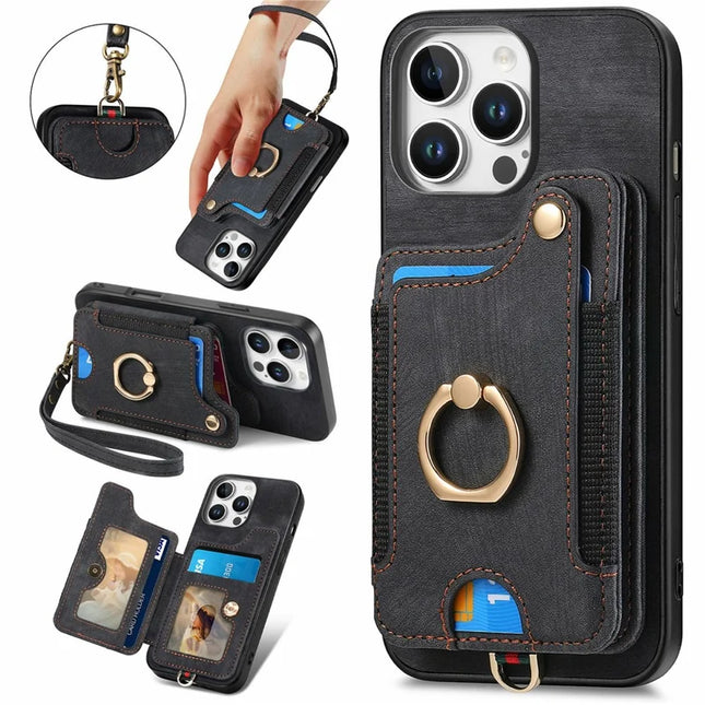 For iPhone 16 Pro Max Case RFID Blocking Handbag Leather+TPU Phone Cover Card Slots, Ring Holder - Black