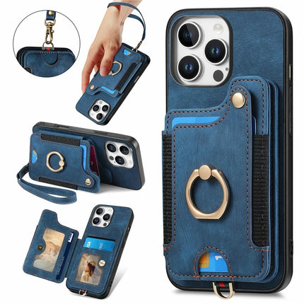 For iPhone 16 Pro Max Case RFID Blocking Handbag Leather+TPU Phone Cover Card Slots, Ring Holder - Blue