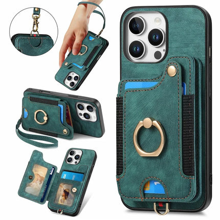 For iPhone 16 Pro Max Case RFID Blocking Handbag Leather+TPU Phone Cover Card Slots, Ring Holder - Green