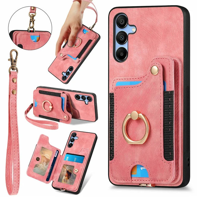 For Samsung Galaxy A16 4G  /  A16 5G Case RFID Blocking Handbag Leather+TPU Phone Cover Card Slots, Ring Holder - Pink