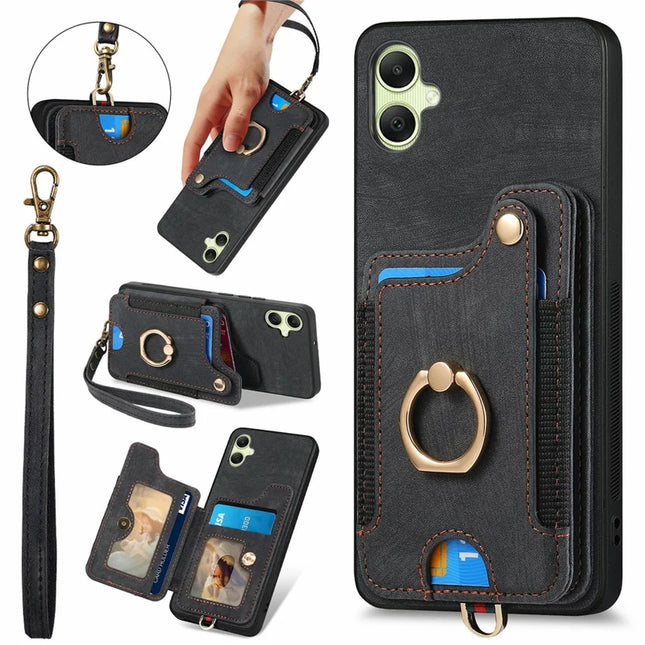 For Samsung Galaxy A06 Case RFID Blocking Handbag Leather+TPU Phone Cover Card Slots, Ring Holder - Black
