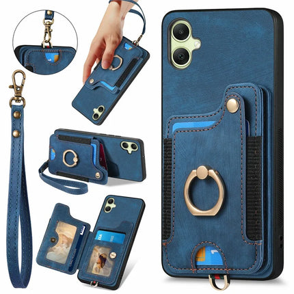 For Samsung Galaxy A06 Case RFID Blocking Handbag Leather+TPU Phone Cover Card Slots, Ring Holder - Blue