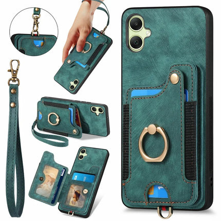 For Samsung Galaxy A06 Case RFID Blocking Handbag Leather+TPU Phone Cover Card Slots, Ring Holder - Green