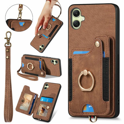 For Samsung Galaxy A06 Case RFID Blocking Handbag Leather+TPU Phone Cover Card Slots, Ring Holder - Brown