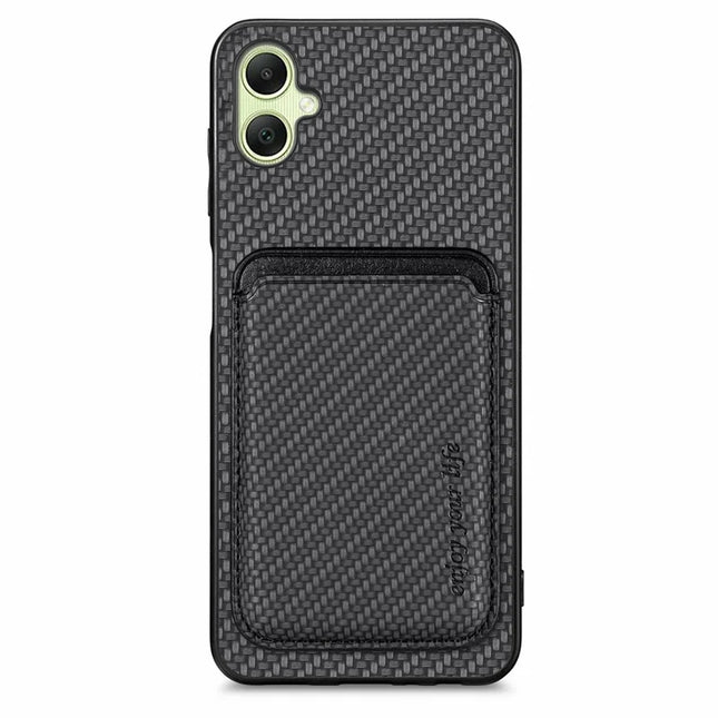 For Samsung Galaxy A06 Case Carbon Fiber Leather Back Cover with Detachable Card Bag - Black
