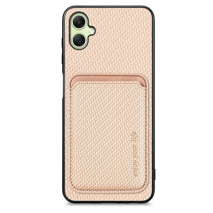 For Samsung Galaxy A06 Case Carbon Fiber Leather Back Cover with Detachable Card Bag - Apricot