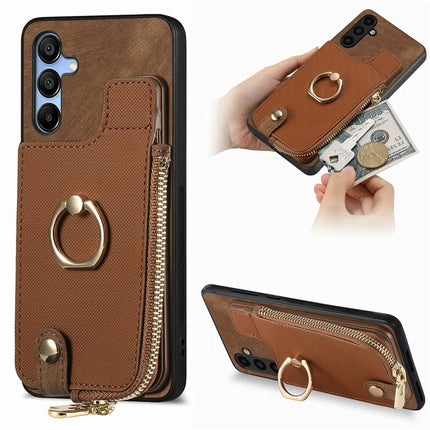 For Samsung Galaxy A16 4G / 5G Case Zipper Pocket Kickstand Leather Phone Back Cover - Brown