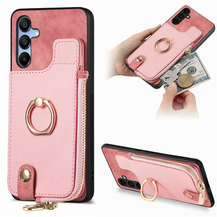 For Samsung Galaxy A16 4G / 5G Case Zipper Pocket Kickstand Leather Phone Back Cover - Pink