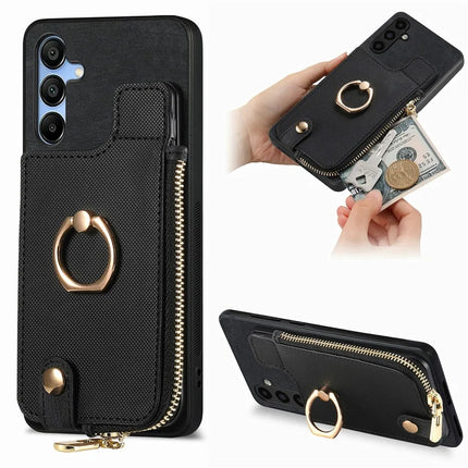 For Samsung Galaxy A16 4G / 5G Case Zipper Pocket Kickstand Leather Phone Back Cover - Black