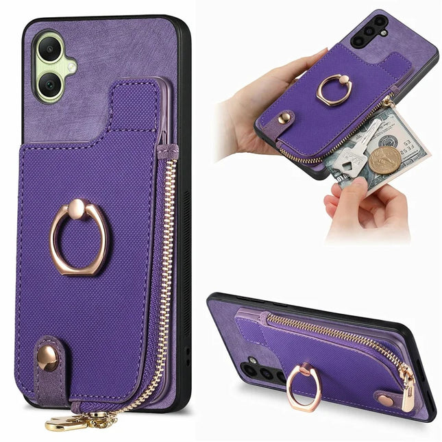 For Samsung Galaxy A06 Case Zipper Pocket Kickstand Leather Phone Back Cover - Purple