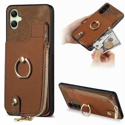 For Samsung Galaxy A06 Case Zipper Pocket Kickstand Leather Phone Back Cover - Brown