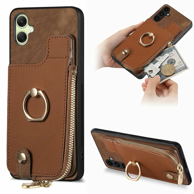 For Samsung Galaxy A06 Case Zipper Pocket Kickstand Leather Phone Back Cover - Brown