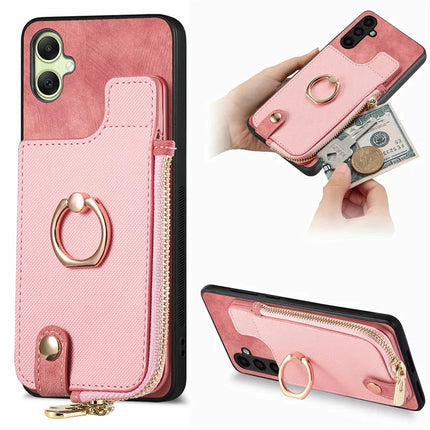 For Samsung Galaxy A06 Case Zipper Pocket Kickstand Leather Phone Back Cover - Pink