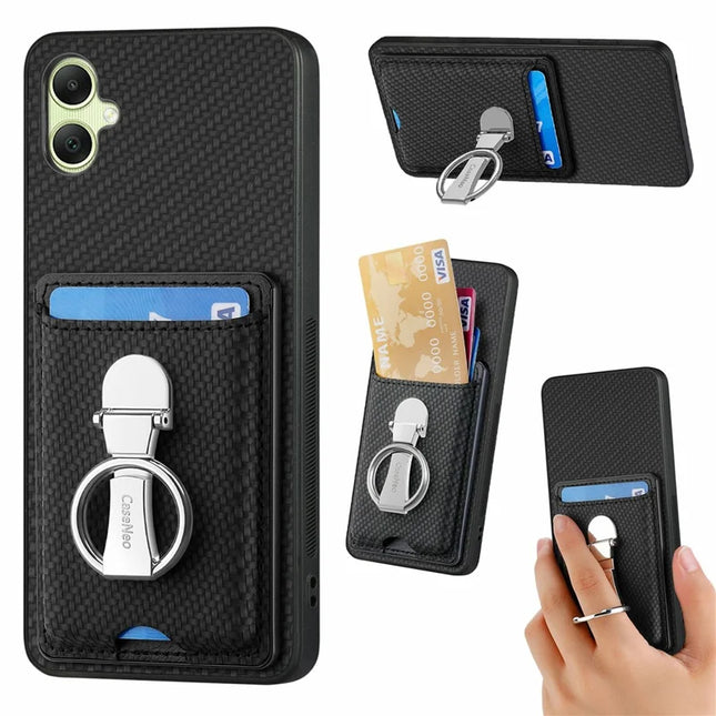 For Samsung Galaxy A06 Case Kickstand Leather Card Slots Back Cover Carbon Fiber Texture - Black