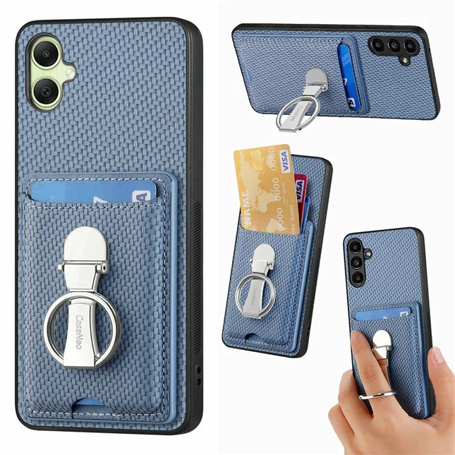 For Samsung Galaxy A06 Case Kickstand Leather Card Slots Back Cover Carbon Fiber Texture - Blue