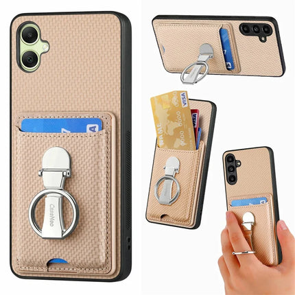 For Samsung Galaxy A06 Case Kickstand Leather Card Slots Back Cover Carbon Fiber Texture - Khaki
