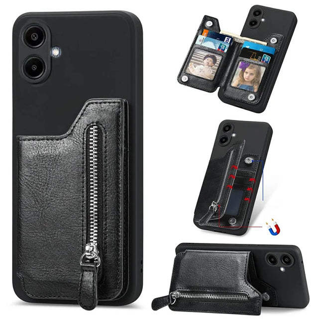 For Samsung Galaxy A06 Case PU Leather+TPU Phone Cover with Zipper Pocket Wallet - Black