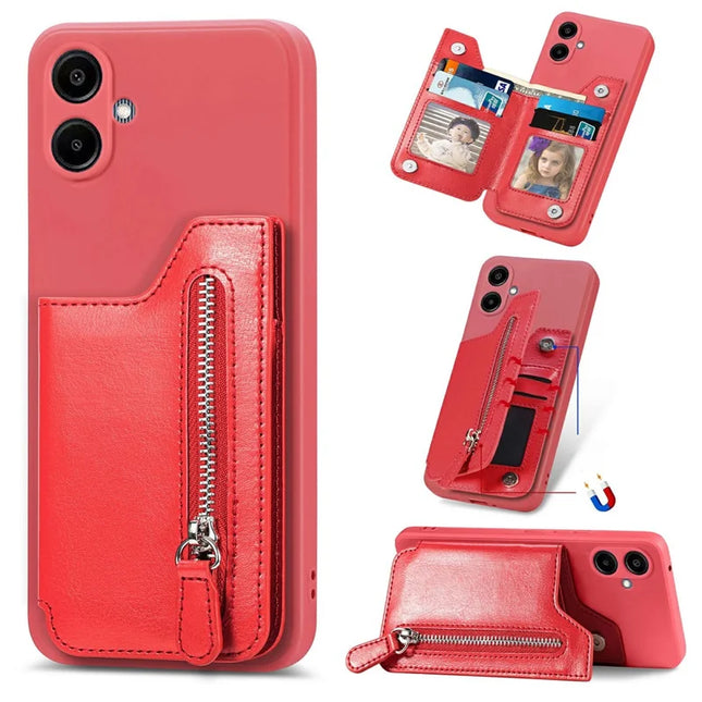 For Samsung Galaxy A06 Case PU Leather+TPU Phone Cover with Zipper Pocket Wallet - Red